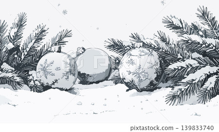 Christmas ornaments resting in snow among fir branches Christmas ornaments resting in snow among fir branches 139833740