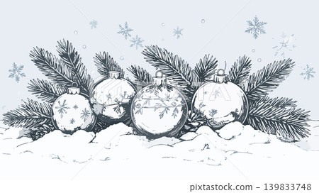 Christmas ornaments resting in snow with fir branches 139833748