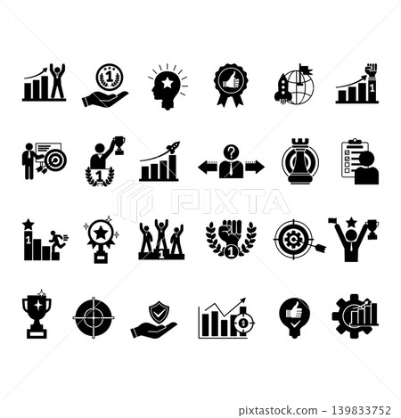 Glyph Success Icon Set. Vector Icons: Goal, Trophy, Achievement, Strategy, Security, Motivation, Potential, Victory, Solution, Reward, Mission, Triumph, and More 139833752