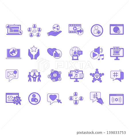 Purple Social Media Icon Set. Vector Icons Social Networks, Add Friend, Like, New Message, Blog Music, Marketing, Hashtag, App, Trend, Communication and Other Purple Social Media Icon Set. Vector Icons Social Networks, Add Friend, Like, New Message, Blog Music, Marketing, Hashtag, App, Trend, Communication and Other 139833753