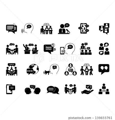Glyph Speaking Icon Set. Vector Illustrations Communication, Comments, Consultation, Conversation, Speech, Debate, Discourse, Discussion, Chat, Language, Speech Bubble, and More Glyph Speaking Icon Set. Vector Illustrations Communication, Comments, Consultation, Conversation, Speech, Debate, Discourse, Discussion, Chat, Language, Speech Bubble, and More 139833761