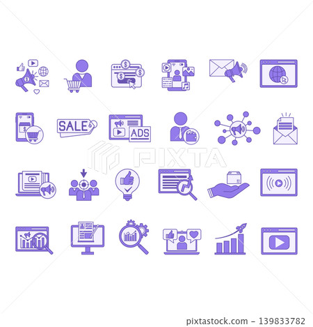 Purple Digital Marketing Icon Set. Vector Illustrations Clients, SEO, Website, Sales, Content, Online Store, Advertising, Analytics, Blog, Earnings, Newsletter, Streaming, Social Media, Product, and M Purple Digital Marketing Icon Set. Vector Illustrations Clients, SEO, Website, Sales, Content, Online Store, Advertising, Analytics, Blog, Earnings, Newsletter, Streaming, Social Media, Product, and M 139833782