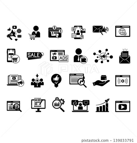 Glyph Digital Marketing Icon Set. Vector Illustrations Clients, SEO, Website, Sales, Content, Online Store, Advertising, Analytics, Blog, Earnings, Newsletter, Streaming, Social Media, Product, and Mo Glyph Digital Marketing Icon Set. Vector Illustrations Clients, SEO, Website, Sales, Content, Online Store, Advertising, Analytics, Blog, Earnings, Newsletter, Streaming, Social Media, Product, and Mo 139833791