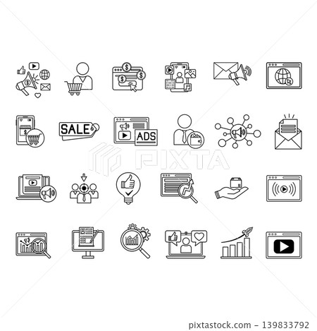 Line Digital Marketing Icon Set. Vector Illustrations Clients, SEO, Website, Sales, Content, Online Store, Advertising, Analytics, Blog, Earnings, Newsletter, Streaming, Social Media, Product, and Mor Line Digital Marketing Icon Set. Vector Illustrations Clients, SEO, Website, Sales, Content, Online Store, Advertising, Analytics, Blog, Earnings, Newsletter, Streaming, Social Media, Product, and Mor 139833792
