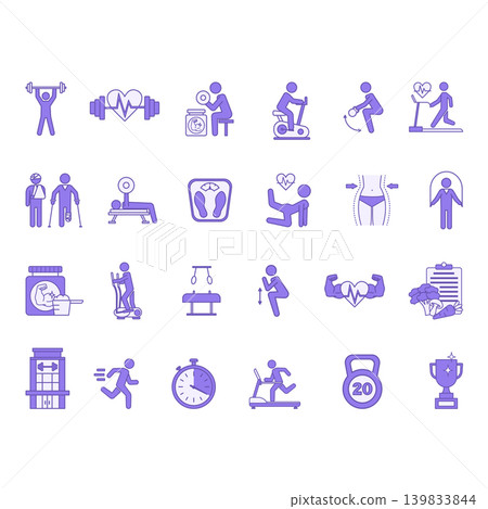 Purple Gym Icon Set. Vector Illustrations Fitness, Weightlifting, Elliptical Bike, Weight Loss, Diet, Protein, Treadmill, Bench Press, Squat, Weight, Injury, Kettlebell, and More 139833844