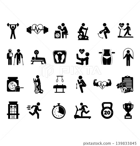 Glyph Gym Icon Set. Vector Illustrations Fitness, Weightlifting, Elliptical Bike, Weight Loss, Diet, Protein, Treadmill, Bench Press, Squat, Weight, Injury, Kettlebell, and More 139833845