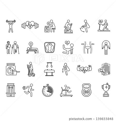Line Gym Icon Set. Vector Illustrations Fitness, Weightlifting, Elliptical Bike, Weight Loss, Diet, Protein, Treadmill, Bench Press, Squat, Weight, Injury, Kettlebell, and More Line Gym Icon Set. Vector Illustrations Fitness, Weightlifting, Elliptical Bike, Weight Loss, Diet, Protein, Treadmill, Bench Press, Squat, Weight, Injury, Kettlebell, and More 139833848