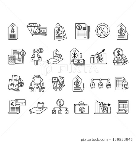 Line Price Icon Set. Vector Icons: Price Tag, Product, Cost, Expenses, Discount, Value, List Price, Price Range, Purchase, Invoice, Wholesale Price, Retail Price, and More 139833945