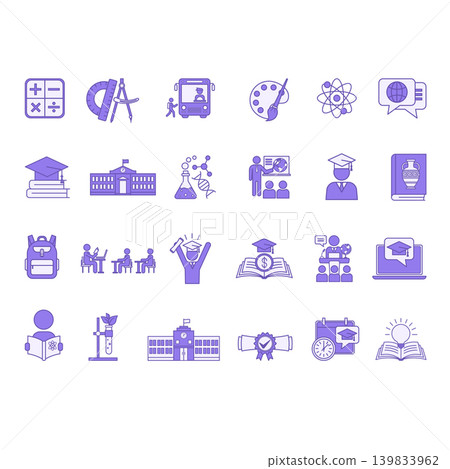 Purple School Icon Set. Vector Icons of Education, Science, Biology, Physics, History, Geometry, Math, Tuition, Diploma, Graduation, Student and Others Purple School Icon Set. Vector Icons of Education, Science, Biology, Physics, History, Geometry, Math, Tuition, Diploma, Graduation, Student and Others 139833962