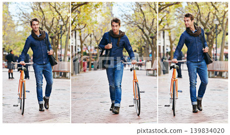 Collage, man and walking with bike for travel, city and carbon footprint for journey or commute with cycling. Eco friendly transport, bicycle with sustainability and moving on park path in New York Collage, man and walking with bike for travel, city and carbon footprint for journey or commute with cycling. Eco friendly transport, bicycle with sustainability and moving on park path in New York 139834020
