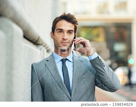 Business, man and outdoor thinking with phone call to client with legal ideas in consultation. Attorney, planning or lawyer in conversation on smartphone at court or law firm with virtual contact 139834029