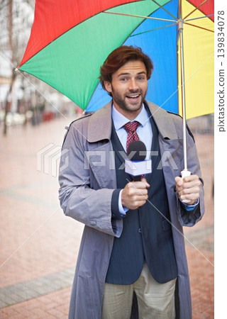 Weather, man and reporting on rain, umbrella and journalism with media and anchor. Presenter, meteorology and person with microphone and professional in New York city with info and breaking news Weather, man and reporting on rain, umbrella and journalism with media and anchor. Presenter, meteorology and person with microphone and professional in New York city with info and breaking news 139834078