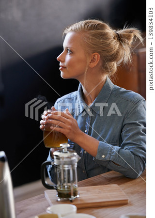 Woman, thinking and home with tea jug in kitchen for vision, idea and plunger for healthy and warm beverage. House, morning and fresh to taste, drink and relax for detox, enjoy and productive day. Woman, thinking and home with tea jug in kitchen for vision, idea and plunger for healthy and warm beverage. House, morning and fresh to taste, drink and relax for detox, enjoy and productive day. 139834103