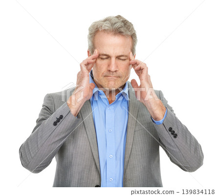 Angry, business man and headache with anxiety from problem and work mistake in a studio. Mature, sales manager and mental health with stress from management issue and frustrated with white background 139834118