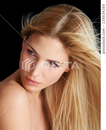 Wind, hair care and skincare of woman, beauty and thinking isolated on a black studio background. Hairstyle, makeup and blonde model in breeze, hairdresser and salon for facial treatment cosmetics Wind, hair care and skincare of woman, beauty and thinking isolated on a black studio background. Hairstyle, makeup and blonde model in breeze, hairdresser and salon for facial treatment cosmetics 139834169