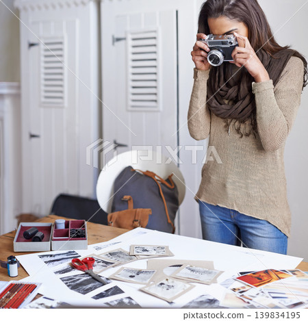 Woman, photographer and film camera for picture of images in portfolio for concept board, creative or photoshoot. Female person, equipment and snap shot in studio for art career, catalog or hobby Woman, photographer and film camera for picture of images in portfolio for concept board, creative or photoshoot. Female person, equipment and snap shot in studio for art career, catalog or hobby 139834195