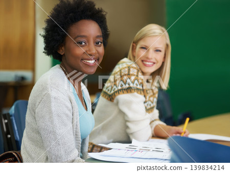 Students, university and studying for exam in portrait, information and notes for knowledge. People, friends and support in education for learning, problem solving and ideas for solution in test 139834214