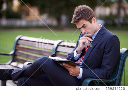 Thinking, business man and notebook at park bench for opportunity, dream or vision for remote work. Journal, idea or consultant outdoor with decision, inspiration and serious employee planning future Thinking, business man and notebook at park bench for opportunity, dream or vision for remote work. Journal, idea or consultant outdoor with decision, inspiration and serious employee planning future 139834220