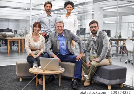 Businesspeople, portrait and laptop for brainstorming in office at creative agency for project planning, campaign or proposal. Men, women and smile or together for collaboration, internet or meeting Businesspeople, portrait and laptop for brainstorming in office at creative agency for project planning, campaign or proposal. Men, women and smile or together for collaboration, internet or meeting 139834222