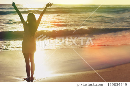 Sunset, beach and woman with freedom, space and water on excited for summer holiday in Cancun. Relax, sun and girl on ocean vacation with adventure, travel and flare on tropical island with mockup. 139834349