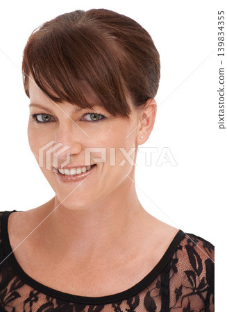 Woman, portrait and smile or confidence in studio with relax, good mood and positive attitude with casual outfit or style. Fashion, person and face or happy with pride or wellness on white background Woman, portrait and smile or confidence in studio with relax, good mood and positive attitude with casual outfit or style. Fashion, person and face or happy with pride or wellness on white background 139834355