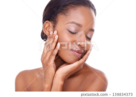 Glow, face and model in studio for skincare, soft and shine from dermatology for girl. African woman, cosmetic and healthy from self care with makeup and aesthetic of beauty and white background Glow, face and model in studio for skincare, soft and shine from dermatology for girl. African woman, cosmetic and healthy from self care with makeup and aesthetic of beauty and white background 139834373
