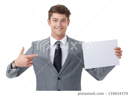 Portrait, business and man with a poster, pointing and employee isolated on a white studio background. Face, promotion or model with blank card and mockup space with feedback, review and announcement Portrait, business and man with a poster, pointing and employee isolated on a white studio background. Face, promotion or model with blank card and mockup space with feedback, review and announcement 139834379