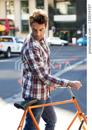Man, walk with bike in city street and travel, journey and carbon footprint with sustainability and cycling. Bicycle, sidewalk and eco friendly transportation outdoor with cyclist on commute Man, walk with bike in city street and travel, journey and carbon footprint with sustainability and cycling. Bicycle, sidewalk and eco friendly transportation outdoor with cyclist on commute 139834397