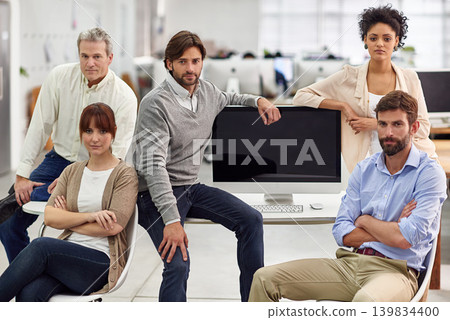 Modern office, diversity and business people in portrait by computer, confident and technology on table. Web designer, staff and face for collaboration or support and creative in company in workplace Modern office, diversity and business people in portrait by computer, confident and technology on table. Web designer, staff and face for collaboration or support and creative in company in workplace 139834400