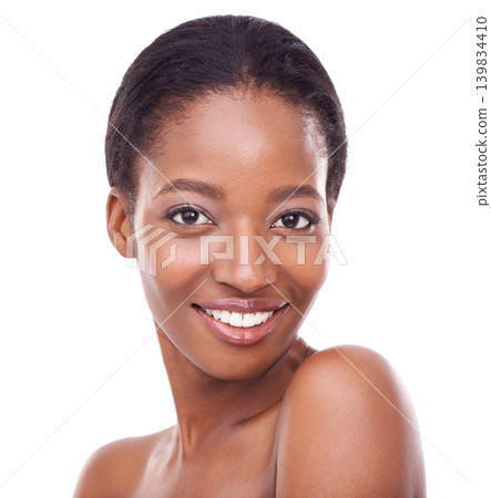 Closeup, skincare and black woman in white background with smile for glow, beauty and natural look with healthy skin. Happy, smooth and facial wellness for positive results, self care and cosmetics Closeup, skincare and black woman in white background with smile for glow, beauty and natural look with healthy skin. Happy, smooth and facial wellness for positive results, self care and cosmetics 139834410