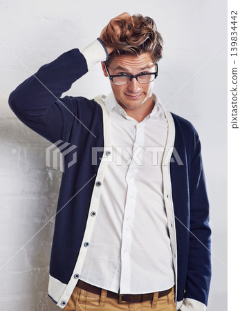 Confused, thinking and portrait of man with scratching head, gesture or asking body language on wall background. Doubt, why and face of male person with questions, problem solving or brainstorming Confused, thinking and portrait of man with scratching head, gesture or asking body language on wall background. Doubt, why and face of male person with questions, problem solving or brainstorming 139834442