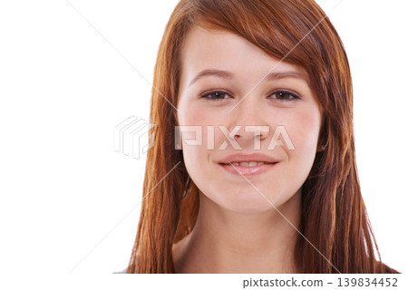 Face, woman and skincare in studio with smile in white background, natural and routine for healthy skin with glow. Ginger, soft and facial for beauty with hydration, pamper and self care and fresh 139834452