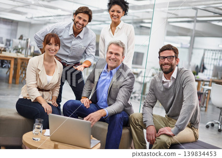 Businesspeople, portrait and laptop for collaboration in office at creative agency for project planning, campaign or proposal. Men, women and smile or together for web teamwork, internet or meeting Businesspeople, portrait and laptop for collaboration in office at creative agency for project planning, campaign or proposal. Men, women and smile or together for web teamwork, internet or meeting 139834453