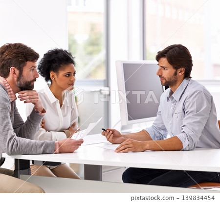 Business people, meeting and manager talking with staff at desk for planning and data entry specialist. Teamwork, discussion and management of team with professional conversation for company project Business people, meeting and manager talking with staff at desk for planning and data entry specialist. Teamwork, discussion and management of team with professional conversation for company project 139834454