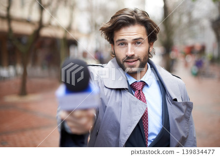 Microphone, city and interview with man, reporting and live streaming with broadcast and journalism. Portrait, person and employee with questions and feedback with breaking news and mic with opinion Microphone, city and interview with man, reporting and live streaming with broadcast and journalism. Portrait, person and employee with questions and feedback with breaking news and mic with opinion 139834477