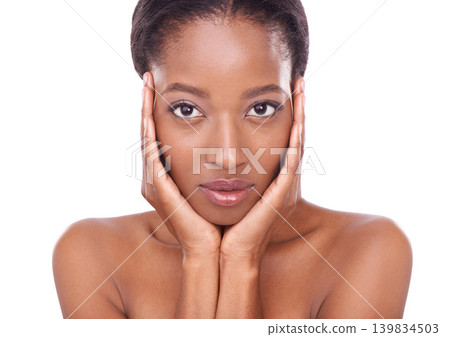 Face, glow and black woman for skincare in studio for treatment, beauty and natural look with healthy skin. Happy, soft and facial wellness for positive results, self care and aesthetics for hygiene Face, glow and black woman for skincare in studio for treatment, beauty and natural look with healthy skin. Happy, soft and facial wellness for positive results, self care and aesthetics for hygiene 139834503