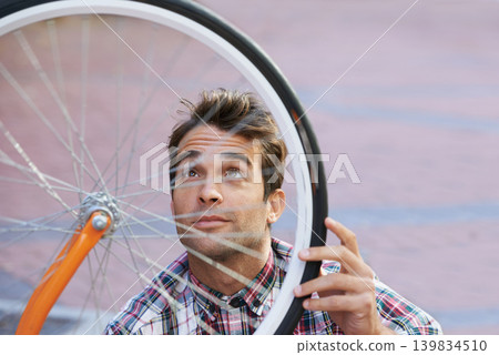 City, check and man with bicycle wheel, sunshine and road with guy and transportation with sustainability. Bike inspection, person and hipster with maintenance and eco friendly with cycling and Italy City, check and man with bicycle wheel, sunshine and road with guy and transportation with sustainability. Bike inspection, person and hipster with maintenance and eco friendly with cycling and Italy 139834510