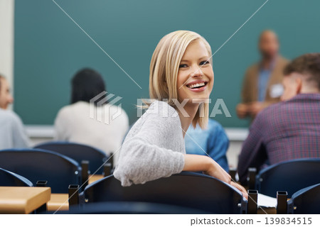 Portrait, students and woman with knowledge, funny and university with learning and studying. Face, people and girl in lecture hall with academy, education and scholarship in a classroom and happy Portrait, students and woman with knowledge, funny and university with learning and studying. Face, people and girl in lecture hall with academy, education and scholarship in a classroom and happy 139834515