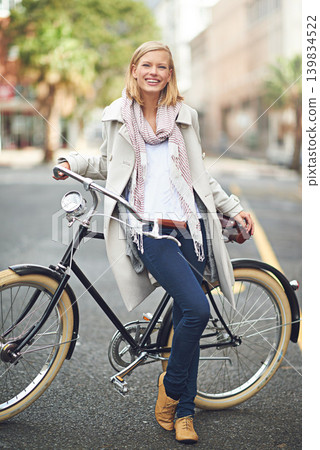 Woman, portrait and city with retro bicycle for eco friendly transport with smile, pride and outdoor. Girl, person and vintage bike on street, road and travel with sustainability in Cape Town metro Woman, portrait and city with retro bicycle for eco friendly transport with smile, pride and outdoor. Girl, person and vintage bike on street, road and travel with sustainability in Cape Town metro 139834522