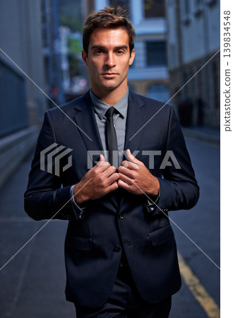 City, night and portrait of business man in style for commute, walking and travel from office. Professional fashion, corporate worker and person in urban town for entrepreneurship, job and career City, night and portrait of business man in style for commute, walking and travel from office. Professional fashion, corporate worker and person in urban town for entrepreneurship, job and career 139834548
