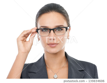 Businesswoman, glasses and agent in studio portrait, professional and consultant on white background. Female person, eyewear and entrepreneur confident for startup company, optical care and pride Businesswoman, glasses and agent in studio portrait, professional and consultant on white background. Female person, eyewear and entrepreneur confident for startup company, optical care and pride 139834606