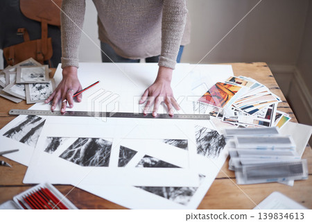 Photographer, hands and drawing on paper at desk with ruler for project in startup above. Business, creative and artist at table with sketch, planning and professional work on portfolio with pencil Photographer, hands and drawing on paper at desk with ruler for project in startup above. Business, creative and artist at table with sketch, planning and professional work on portfolio with pencil 139834613