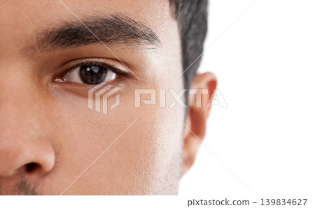 Eyes, closeup and portrait of man in studio for vision, wellness or examination on white background. Eye test, face and model with eyesight assessment for contact lens, wellness or eyeball health Eyes, closeup and portrait of man in studio for vision, wellness or examination on white background. Eye test, face and model with eyesight assessment for contact lens, wellness or eyeball health 139834627