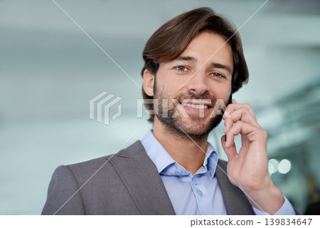 Businessman, portrait and phone call for networking in office, communication and app for conversation. Male person, negotiation and connection for opportunity in career, talking and b2b for planning 139834647