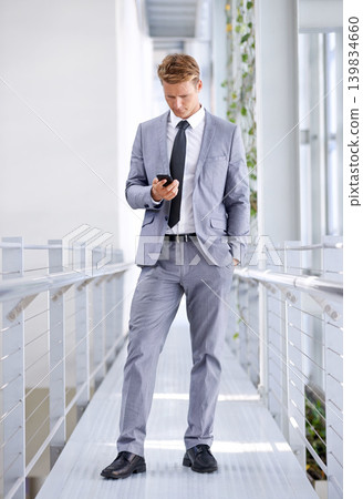 Businessman, phone or research on social media, networking website or reading news in workplace. Check, chat or employee typing message on technology for schedule, internet or mobile app in office 139834660
