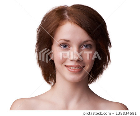 Closeup, woman and smile with natural makeup in white background, studio and confidence in perfect skin. Face, cosmetic and glow with red hair in beautiful skin with routine, aesthetic and care. Closeup, woman and smile with natural makeup in white background, studio and confidence in perfect skin. Face, cosmetic and glow with red hair in beautiful skin with routine, aesthetic and care. 139834681