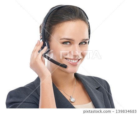 Businesswoman, headset and assistant in studio portrait, customer service and crm on white background. Female person, call centre representative and tech support or networking, hotline and consultant Businesswoman, headset and assistant in studio portrait, customer service and crm on white background. Female person, call centre representative and tech support or networking, hotline and consultant 139834683