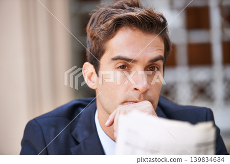 Thinking, business man and newspaper in city outdoor for opportunity, dream or vision at sunset. Face, idea and lawyer in urban town with decision, inspiration and serious employee planning future Thinking, business man and newspaper in city outdoor for opportunity, dream or vision at sunset. Face, idea and lawyer in urban town with decision, inspiration and serious employee planning future 139834684