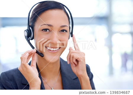 Businesswoman, headset and virtual assistant in portrait, customer service and crm in office. Female person, call centre representative and technical support or networking, hotline and consultant Businesswoman, headset and virtual assistant in portrait, customer service and crm in office. Female person, call centre representative and technical support or networking, hotline and consultant 139834687