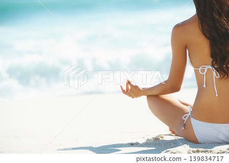 Woman, bikini, meditation for mindfulness on beach during summer vacation for wellbeing and selfcare. Female tourist, mockup and contemplating for wellness and calm near peaceful sea in Puerto Rico 139834717